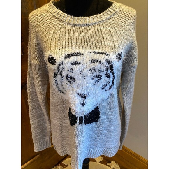 Say What? White Tiger Crew Neck Size Large Unique Holiday Fun Christmas Sweater - Picture 4 of 10